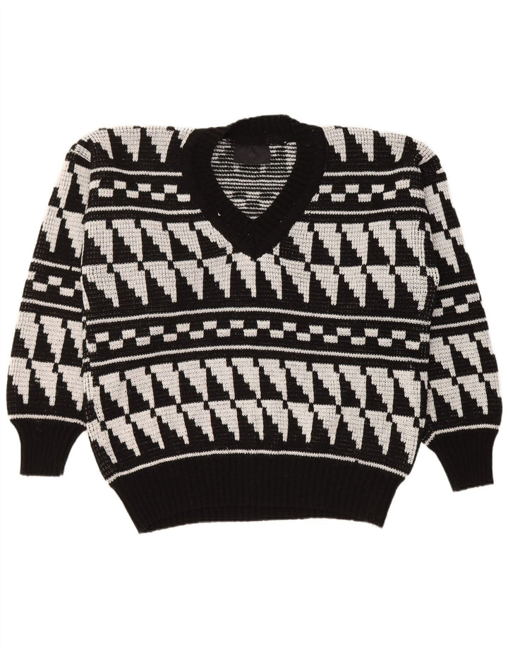 Vintage Mens V-Neck Jumper Sweater Large Black Geometric