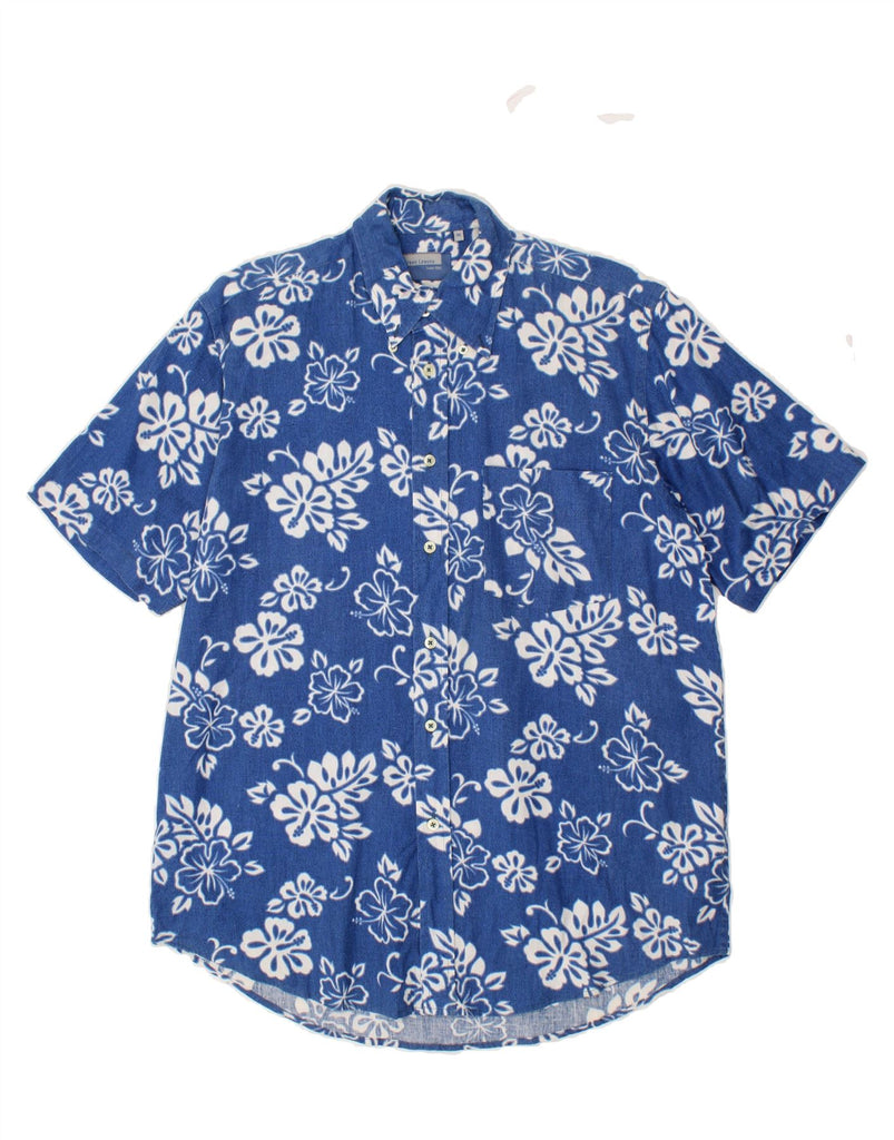 GREEN LEAVES Mens Short Sleeve Shirt Medium Blue Floral Cotton Vintage Green Leaves and Second-Hand Green Leaves from Messina Hembry 