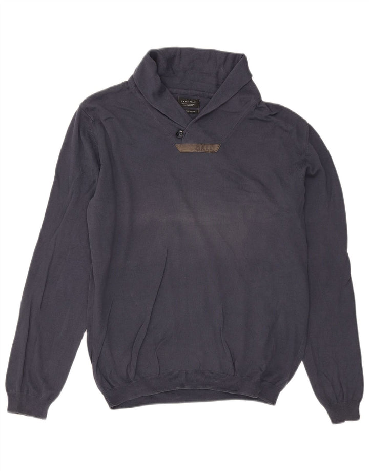 Zara Mens Shawl Neck Jumper Sweater Medium Navy Blue Cotton