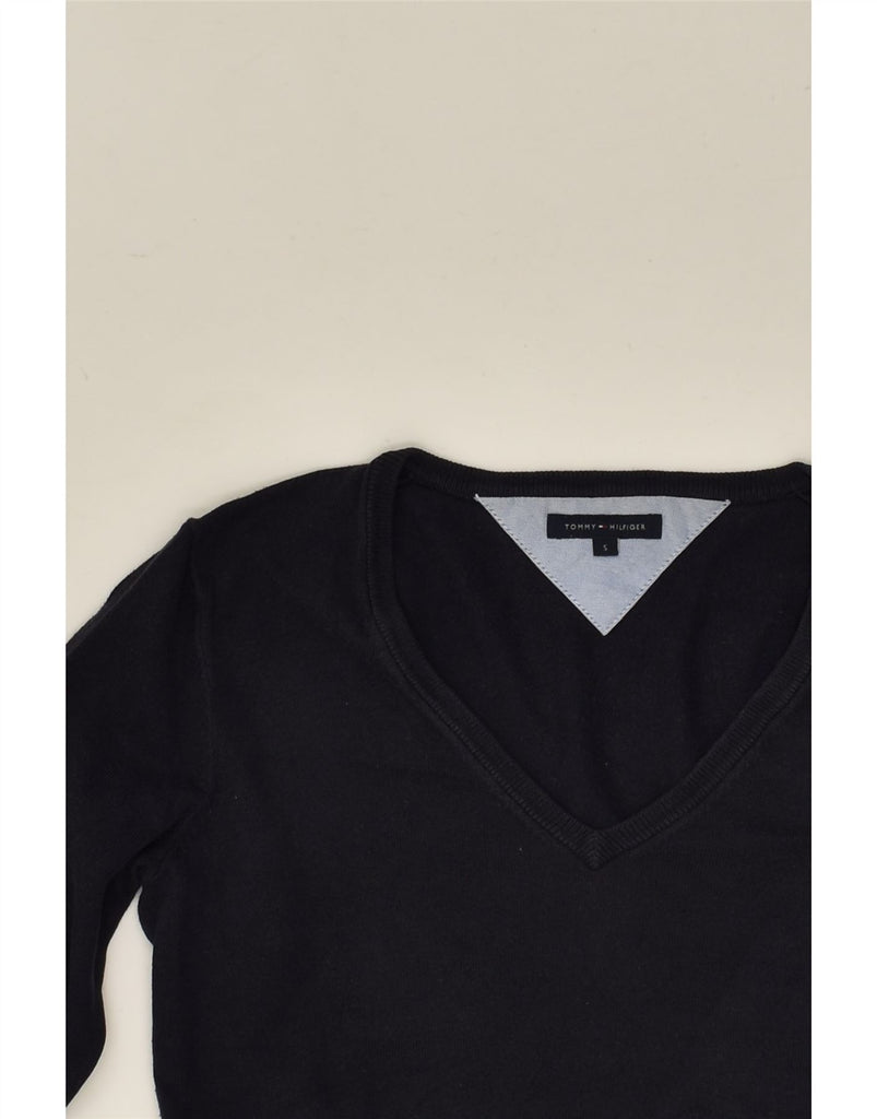 TOMMY HILFIGER Womens V-Neck Jumper Sweater UK 10 Small Navy Blue Cotton | Vintage Tommy Hilfiger | Thrift | Second-Hand Tommy Hilfiger | Used Clothing | Messina Hembry 