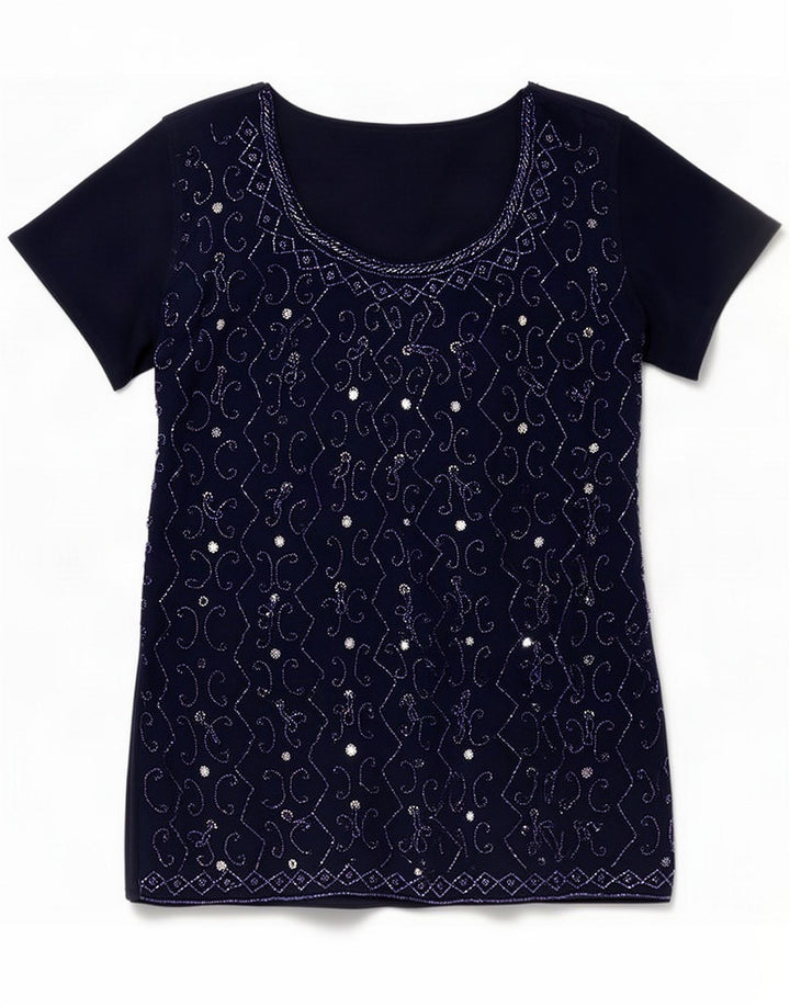Vintage Womens Abstract Pattern Blouse Top UK 12 Medium Navy Blue