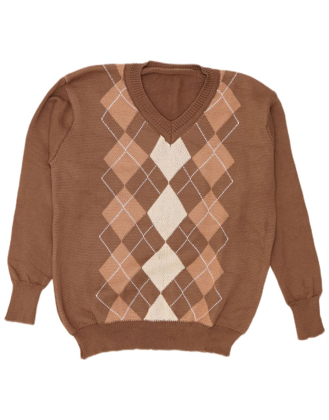 Vintage Womens V-Neck Jumper Sweater Large Brown Argyle/Diamond Polyester
