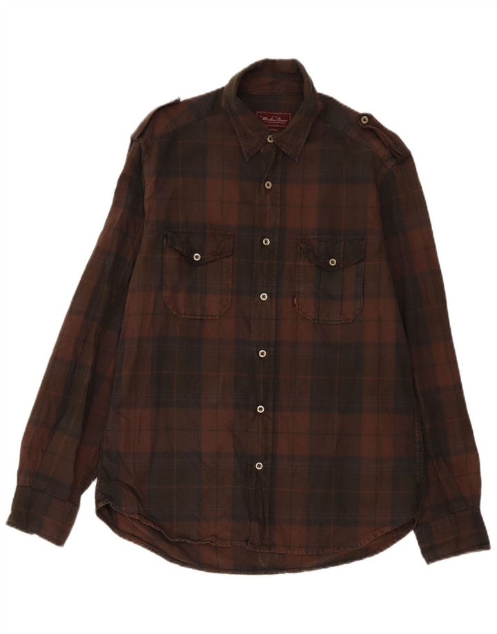 Marlboro Classics Mens Military Shirt Medium Brown Check Cotton