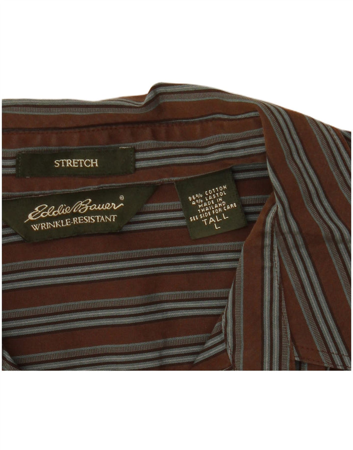 Eddie Bauer Womens Tall Shirt UK 16 Large Brown Striped Cotton