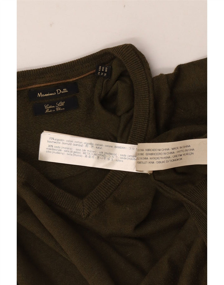 Massimo Dutti Mens V-Neck Jumper Sweater XL Khaki Cotton