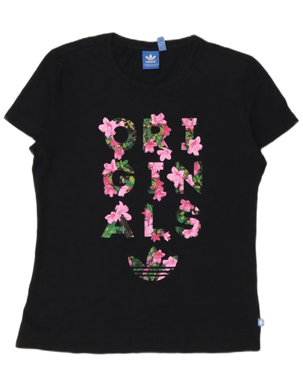 ADIDAS Womens Graphic T-Shirt Top UK 16 Large Black Floral Cotton