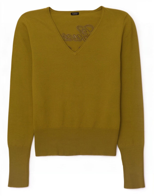 Guess Womens Graphic V-Neck Jumper Sweater UK 16 Medium Green Viscose