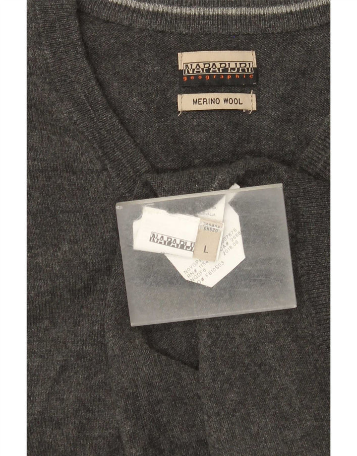 Napapijri Mens V-Neck Jumper Sweater Large Grey Merino Wool
