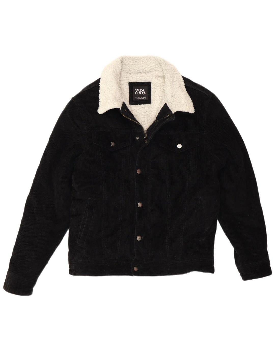 Zara Mens Sherpa Corduroy Jacket UK 38 Medium Black Cotton