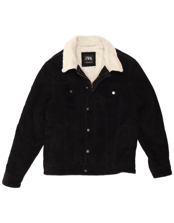 Zara Mens Sherpa Corduroy Jacket UK 38 Medium Black Cotton
