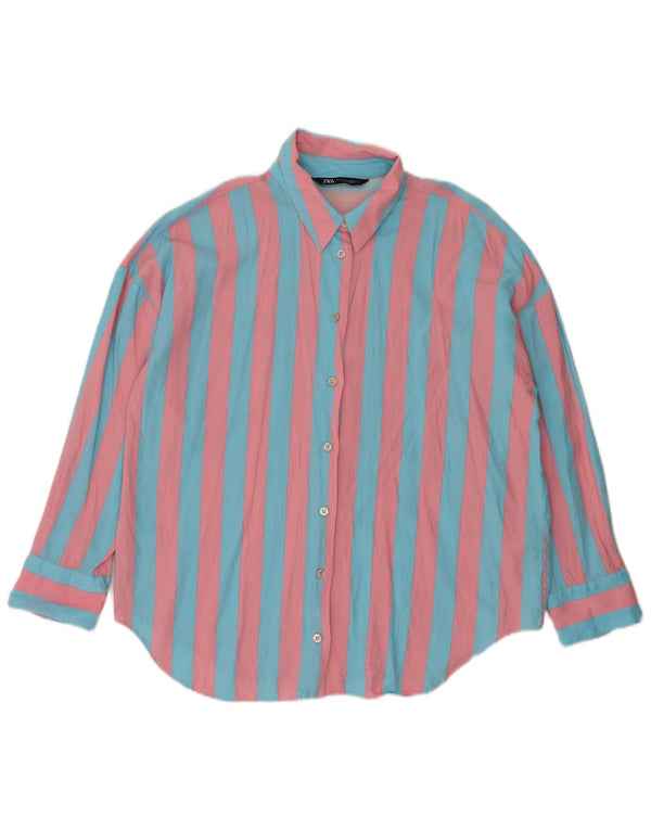 Zara Womens Loose Fit Shirt UK 16 Large Blue Striped Linen