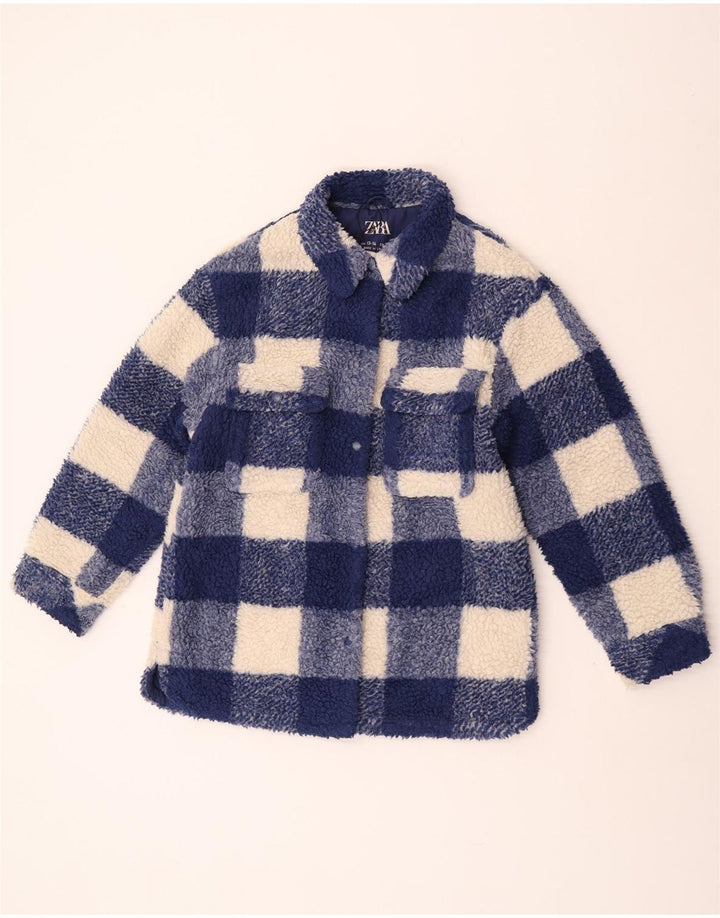 Zara Girls Fleece Jacket 13-14 Years Blue Gingham Polyester