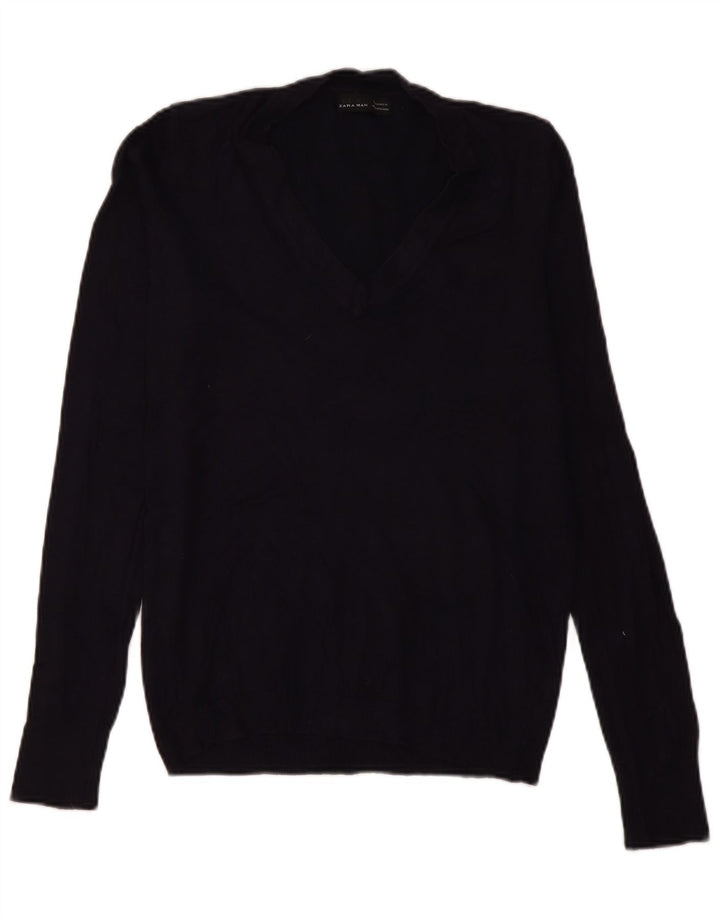 Zara Mens V-Neck Jumper Sweater Medium Navy Blue