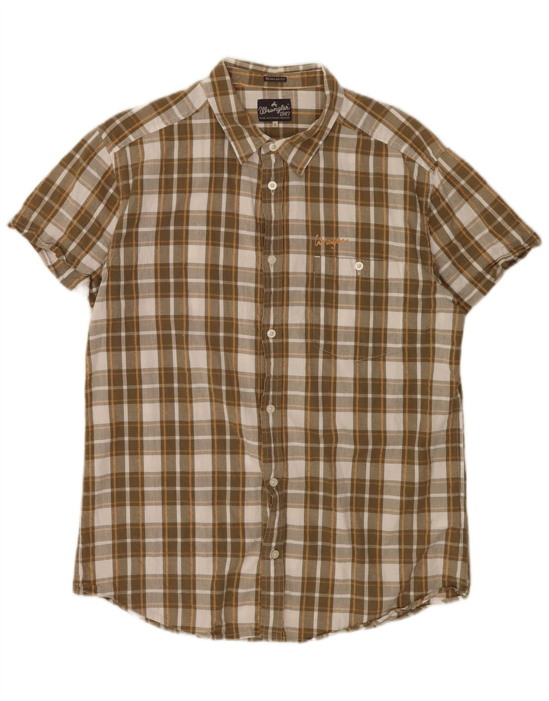 Wrangler Mens Short Sleeve Regular Fit Shirt Large Brown Check Cotton