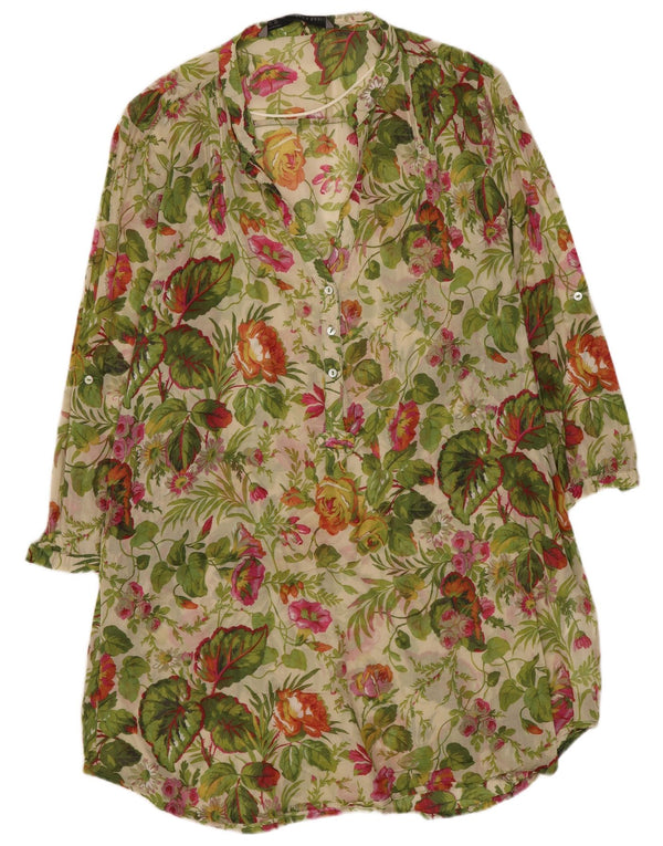 Zara Womens 3/4 Sleeve Tunic Dress UK 18 XL Green Floral Cotton