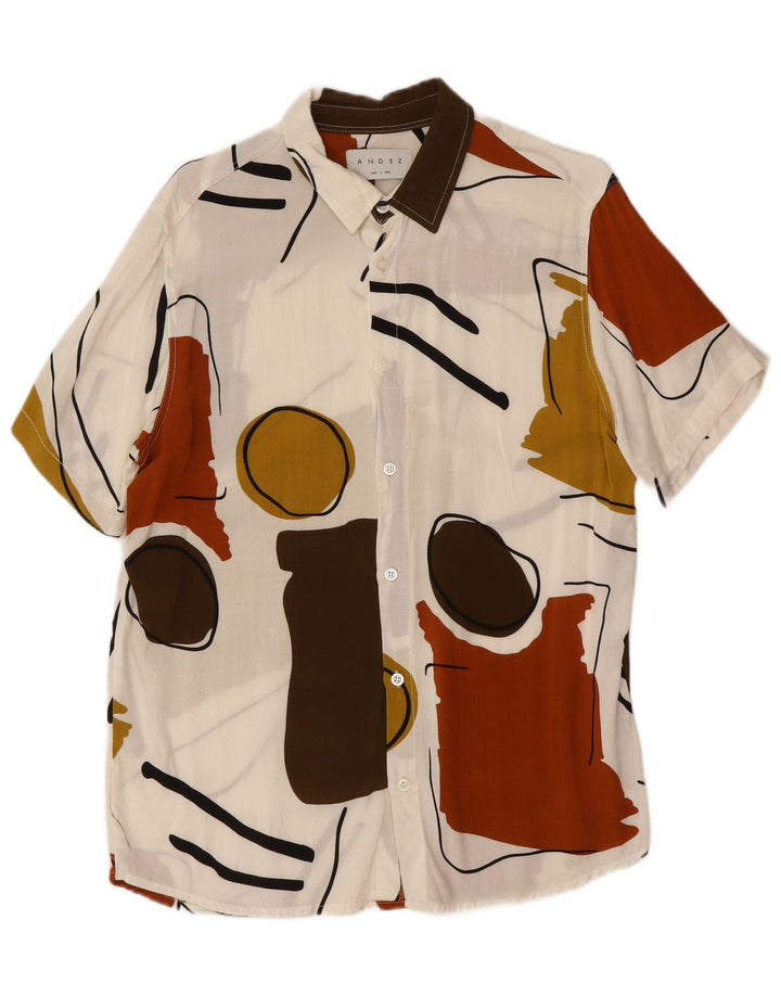 Vintage Mens Abstract Pattern Short Sleeve Shirt Large White Colourblock