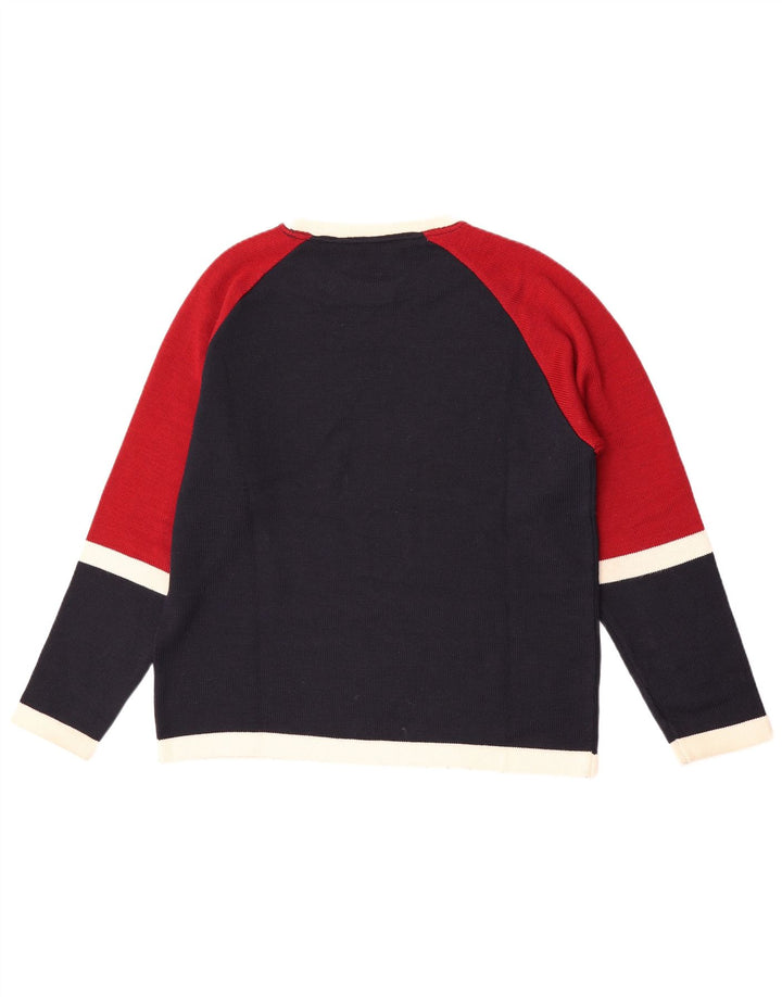 Vintage Mens Crew Neck Jumper Sweater Small Navy Blue Colourblock Wool