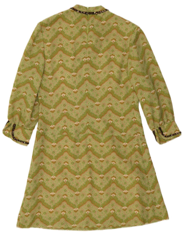 Vintage Womens 3/4 Sleeve A-Line Dress UK 12 Medium Green Chevron