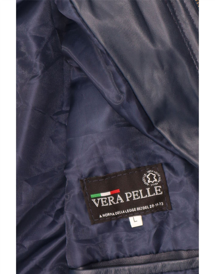 VINTAGE Womens Hooded Leather Jacket UK 14 Large Navy Blue Leather