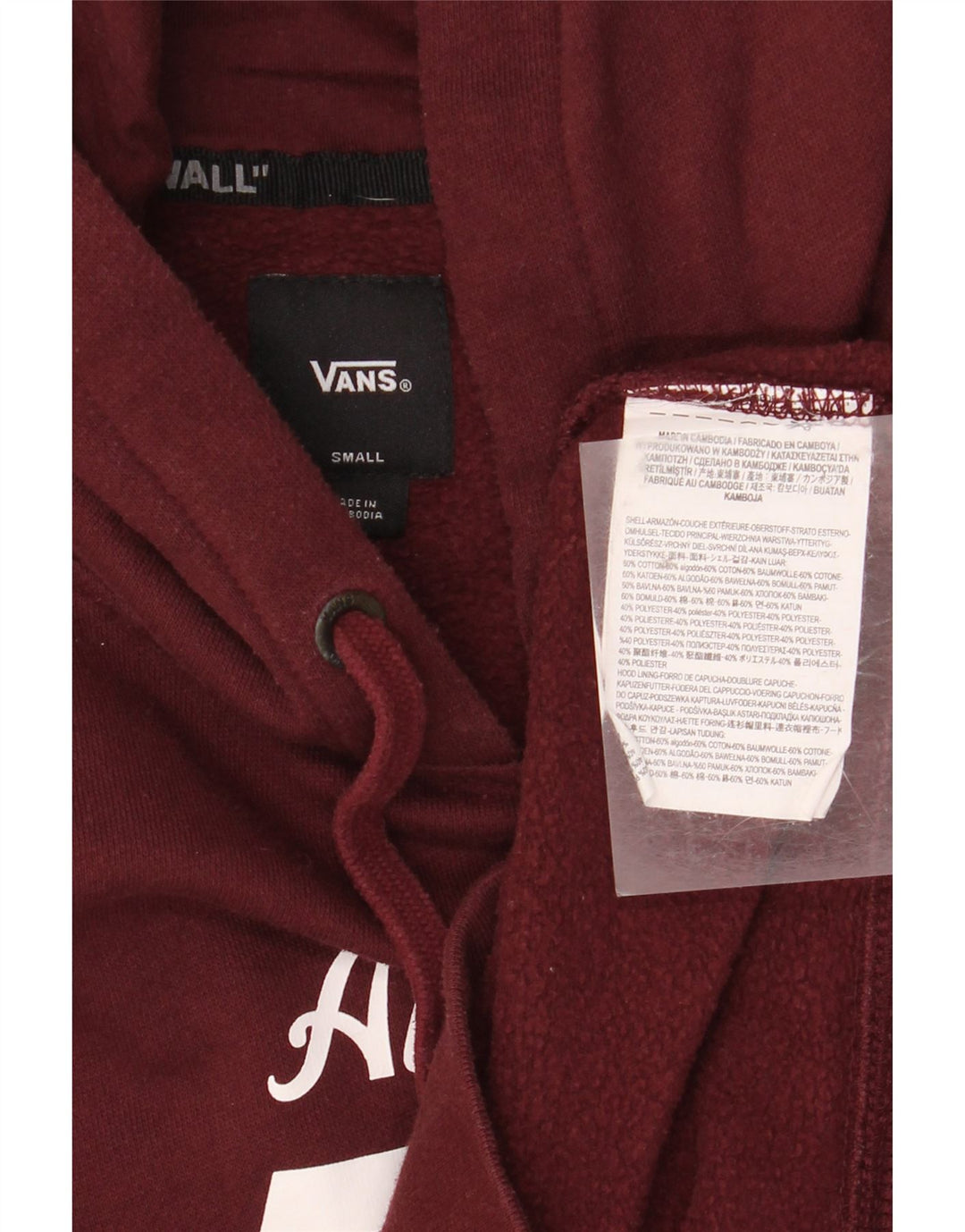 VANS Mens Graphic Hoodie Jumper Small Burgundy Cotton