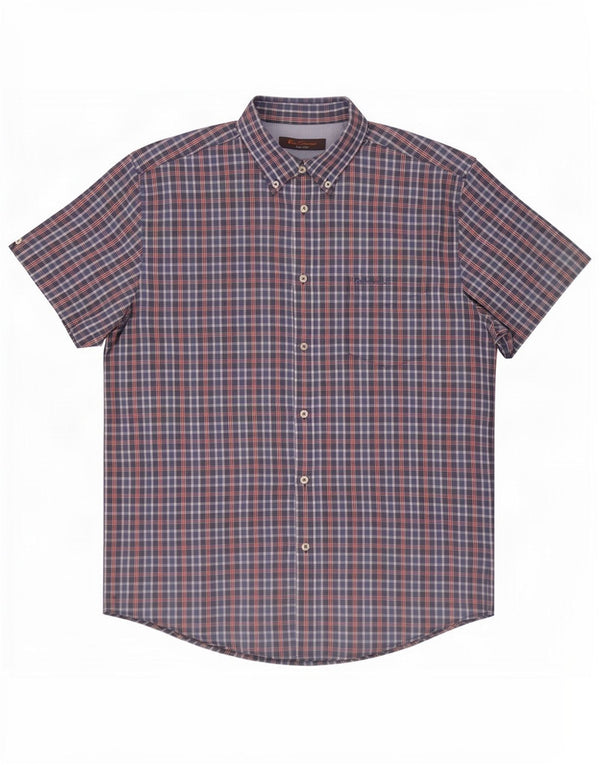 Ben Sherman Mens Short Sleeve Shirt XL Blue Check Cotton