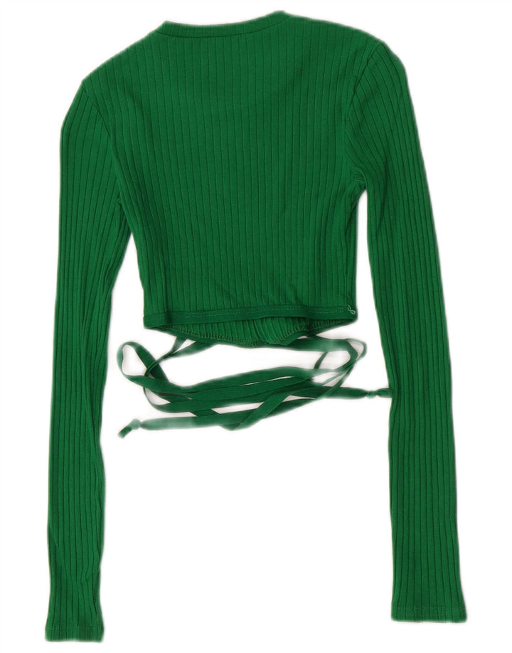 Zara Womens Crop Top Long Sleeve UK 8 Small Green Cotton