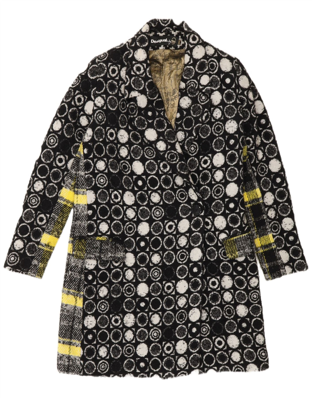 Desigual Womens Overcoat EU 36 Small Black Geometric Viscose
