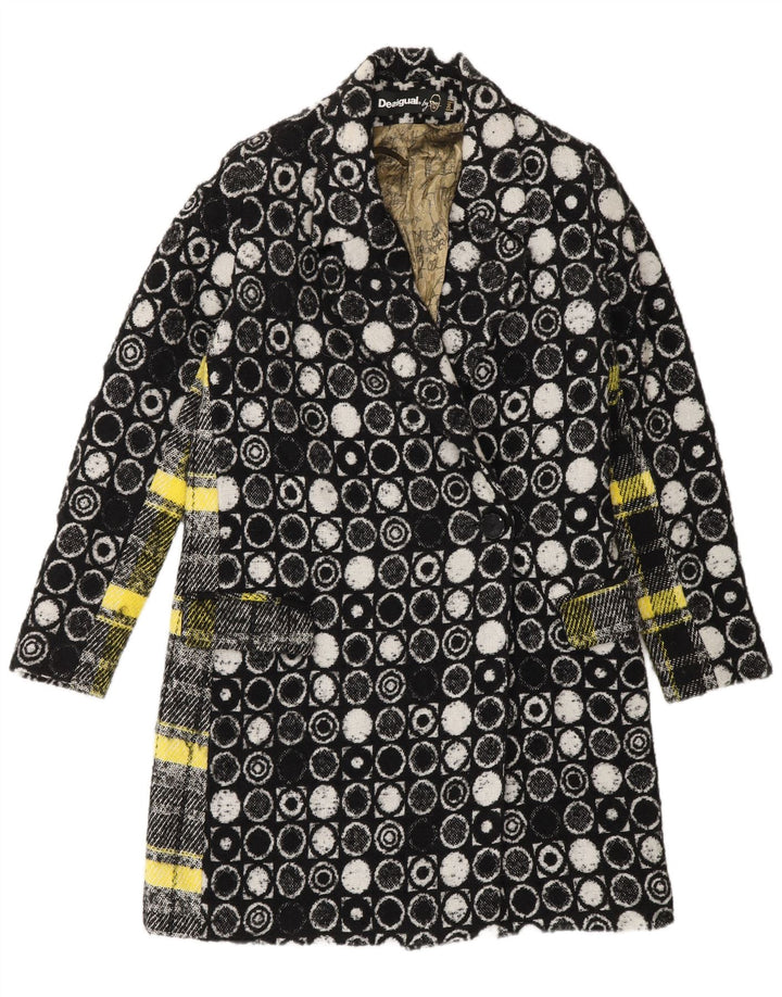 Desigual Womens Overcoat EU 36 Small Black Geometric Viscose