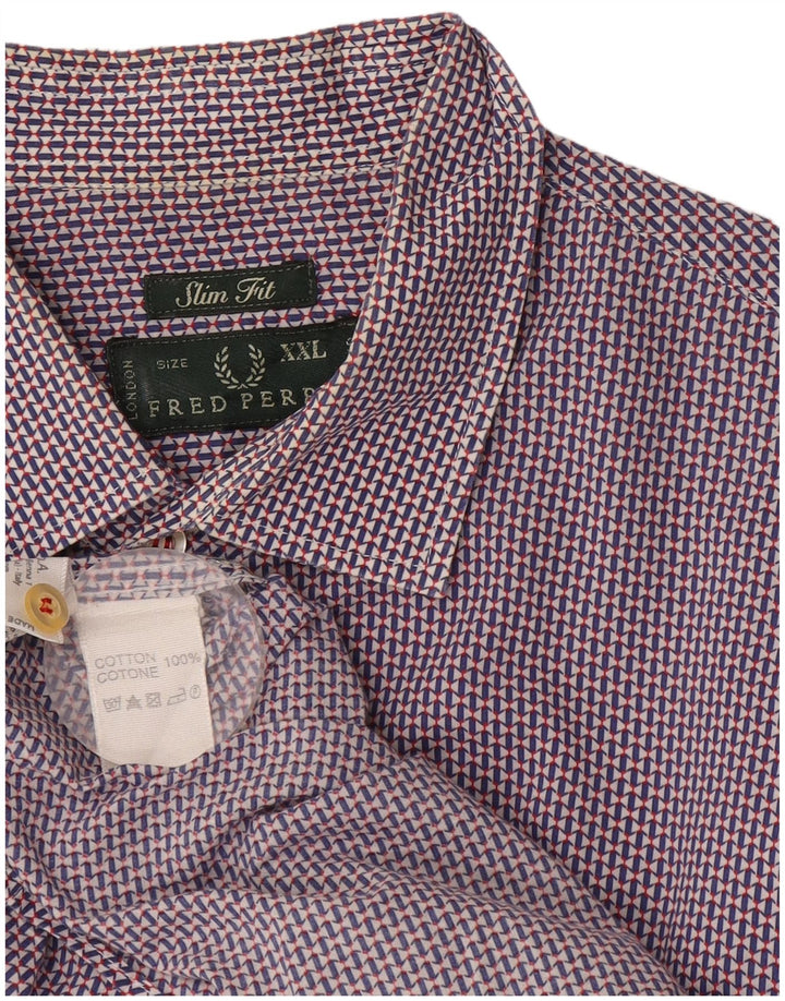 Fred Perry Mens Slim Fit Shirt 2XL Navy Blue Geometric Cotton