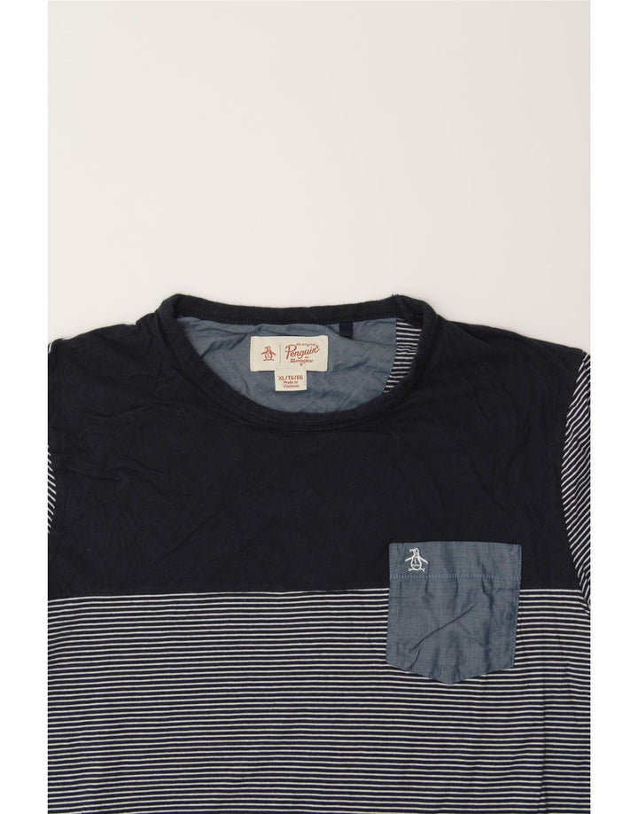 PENGUIN Mens T-Shirt Top XL Navy Blue Striped Vintage Penguin and Second-Hand Penguin from Messina Hembry 