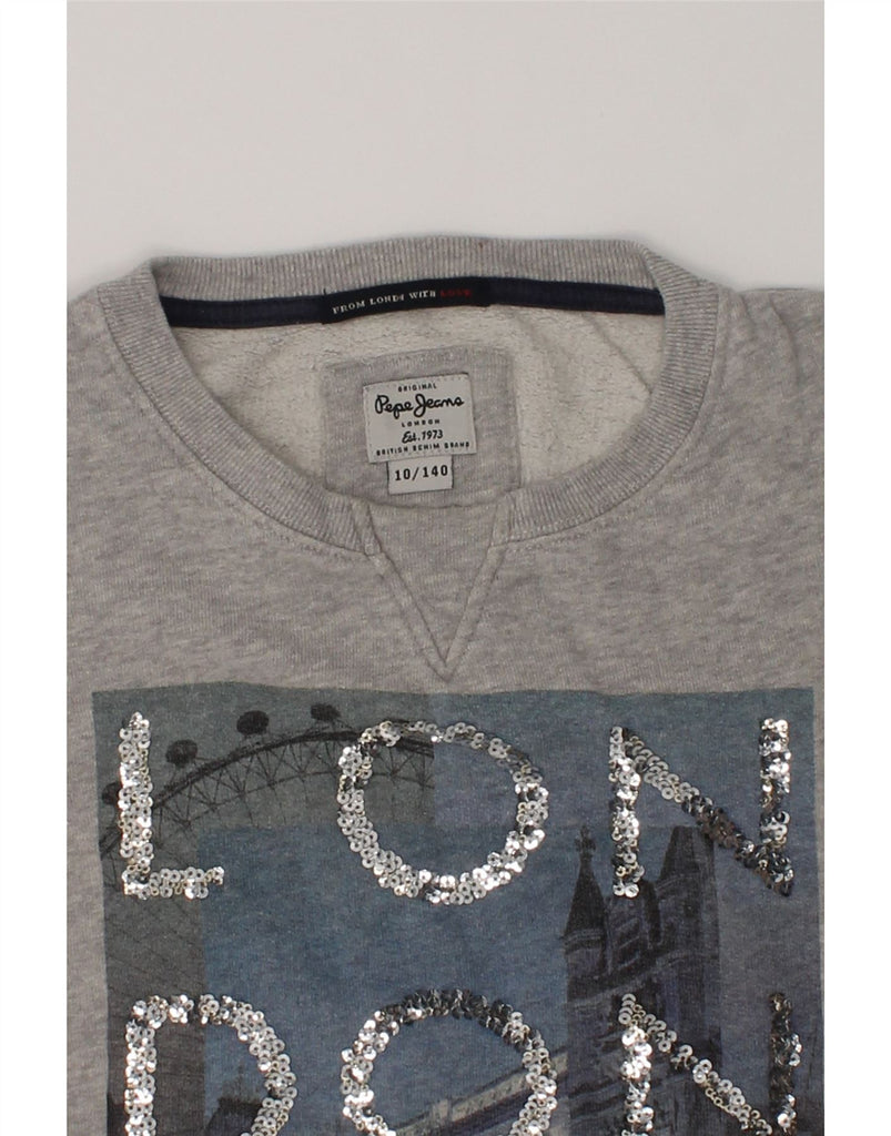 PEPE JEANS Girls Graphic Sweatshirt Jumper 9-10 Years Grey Cotton | Vintage PEPE Jeans | Thrift | Second-Hand PEPE Jeans | Used Clothing | Messina Hembry 