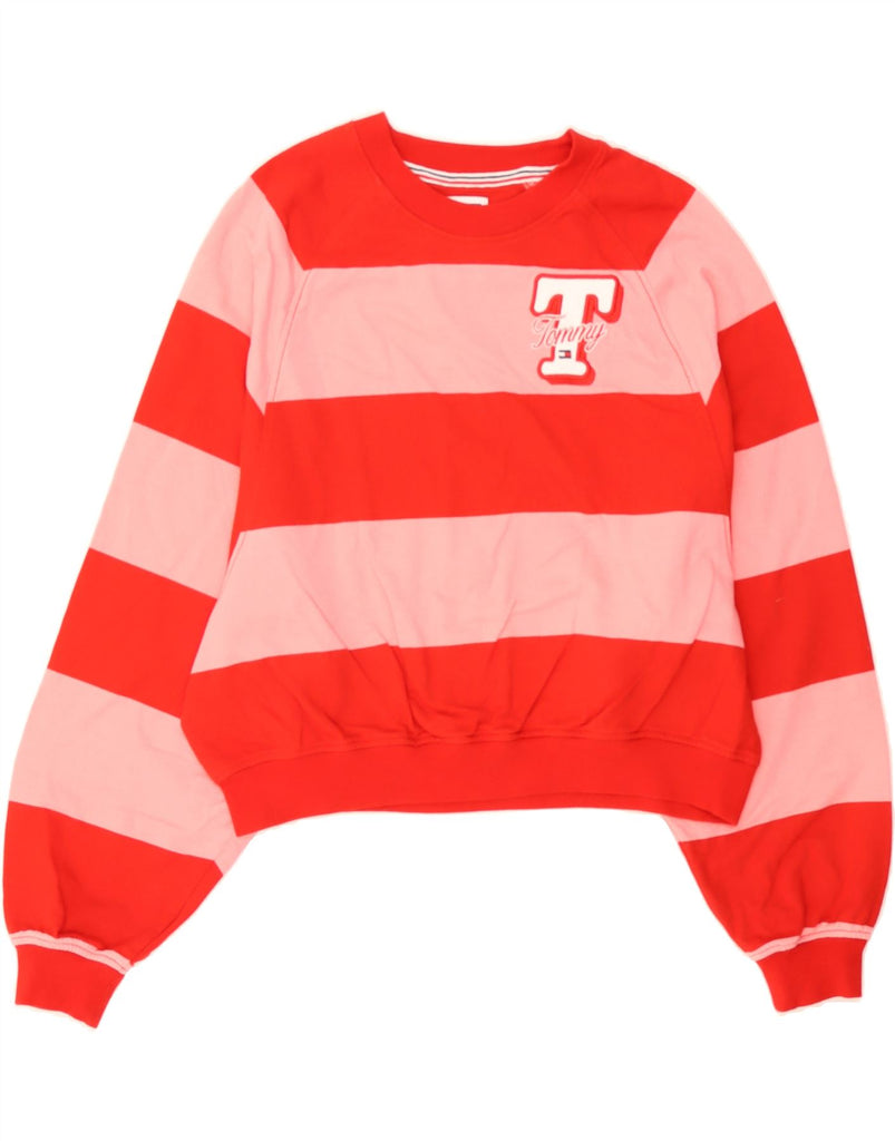 TOMMY HILFIGER Womens Oversized Zip Hoodie Sweater UK 10 Small Red Striped Vintage Tommy Hilfiger and Second-Hand Tommy Hilfiger from Messina Hembry 