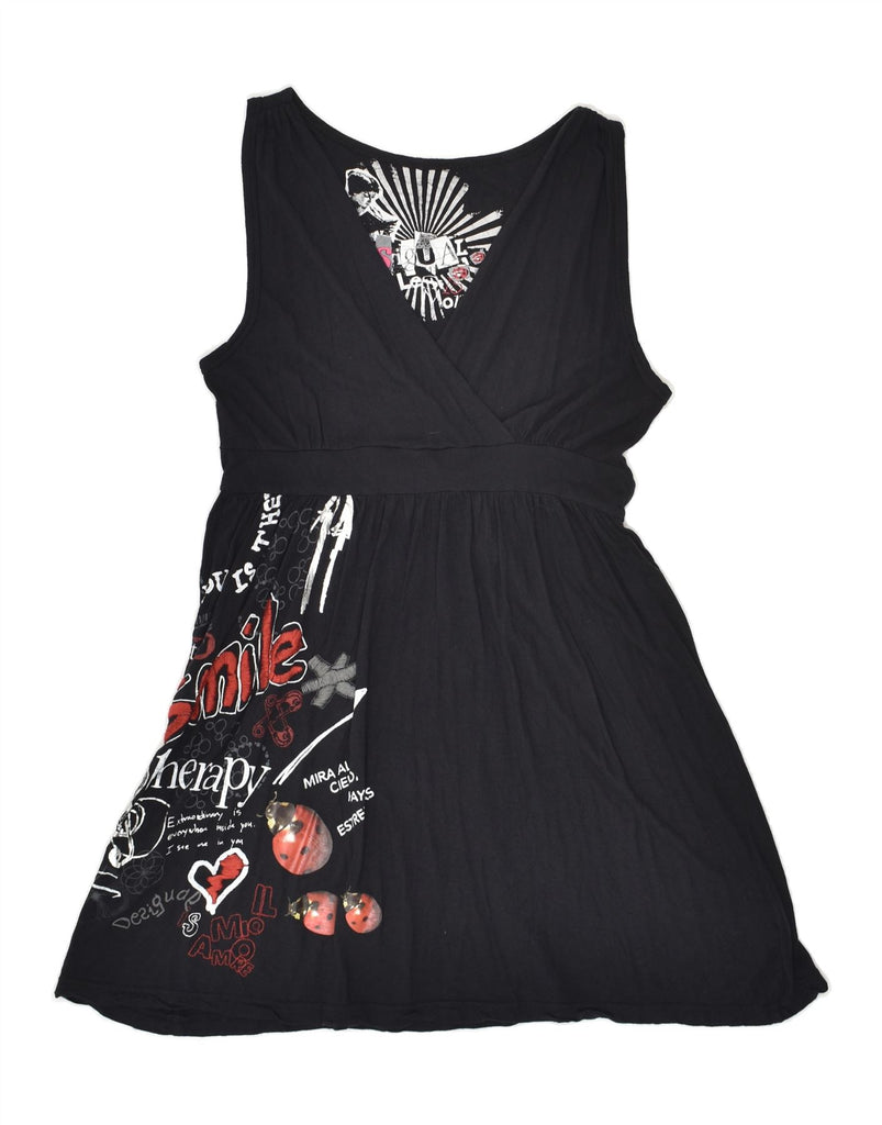 DESIGUAL Womens Graphic Sleeveless A-Line Dress UK 12 Medium Black Viscose | Vintage Desigual | Thrift | Second-Hand Desigual | Used Clothing | Messina Hembry 