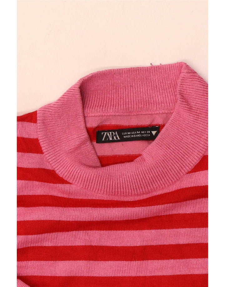 Zara Womens Turtle Neck Jumper Sweater UK 12 Medium Pink Striped