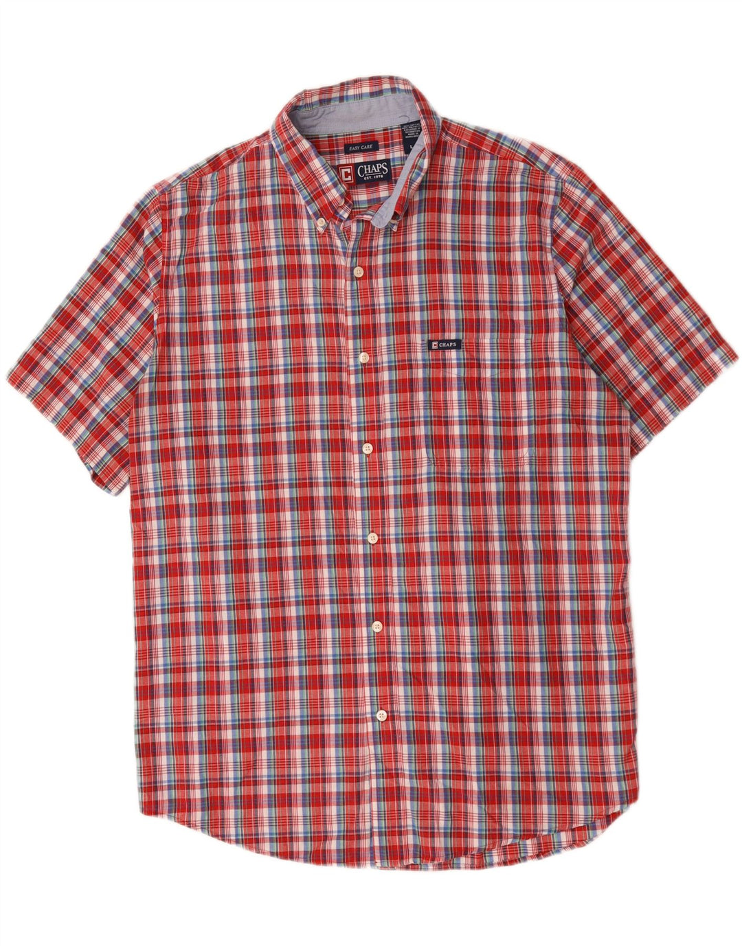 Chaps Mens Short Sleeve Shirt Large Red Plaid Cotton