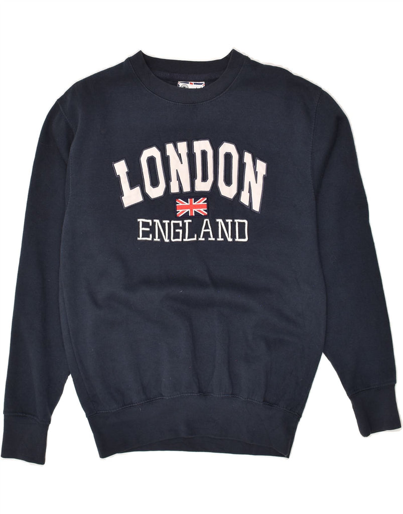 VINTAGE Mens London Graphic Sweatshirt Jumper Small Navy Blue Cotton | Vintage Vintage | Thrift | Second-Hand Vintage | Used Clothing | Messina Hembry 