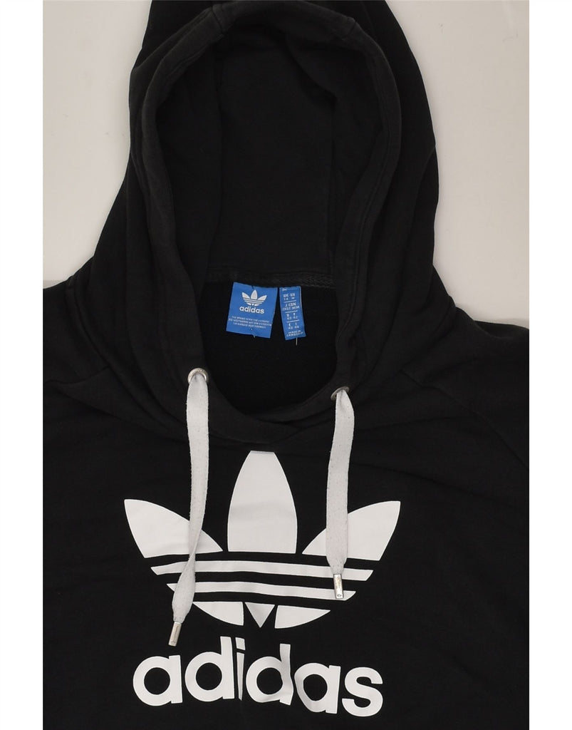 ADIDAS Womens Crop Graphic Hoodie Jumper UK 14 Medium Black Cotton | Vintage Adidas | Thrift | Second-Hand Adidas | Used Clothing | Messina Hembry 