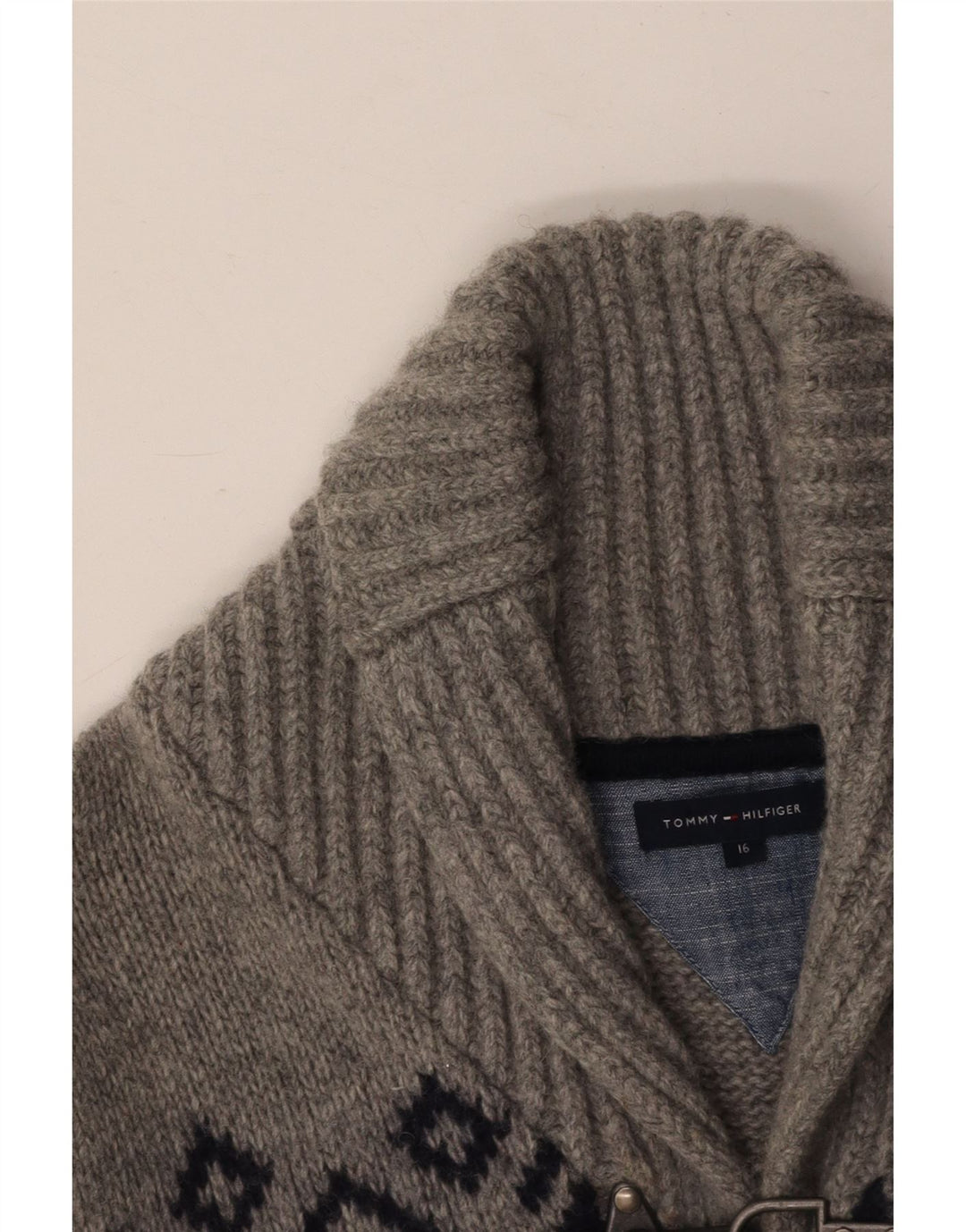 TOMMY HILFIGER Boys Cardigan Sweater 15-16 Years Grey Fair Isle