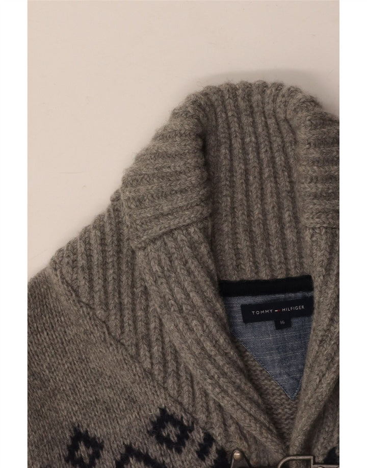 TOMMY HILFIGER Boys Cardigan Sweater 15-16 Years Grey Fair Isle