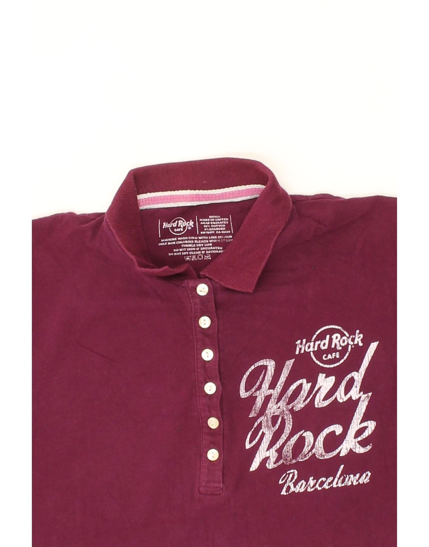 HARD ROCK CAFE Womens Barcelona Graphic Polo Shirt UK 10 Small Burgundy Vintage Second Hand Clothing Online Messina Hembry