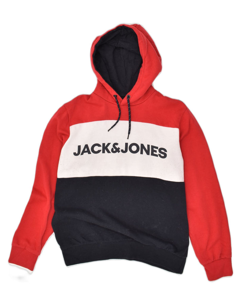 JACK & JONES Mens Graphic Hoodie Jumper Medium Red Colourblock Cotton | Vintage Jack & Jones | Thrift | Second-Hand Jack & Jones | Used Clothing | Messina Hembry 