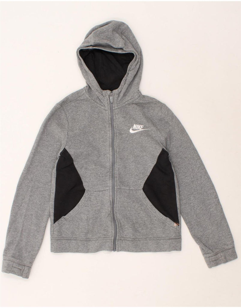 NIKE Boys Graphic Zip Hoodie Sweater 10-11 Years Medium Grey Colourblock Vintage Nike and Second-Hand Nike from Messina Hembry 