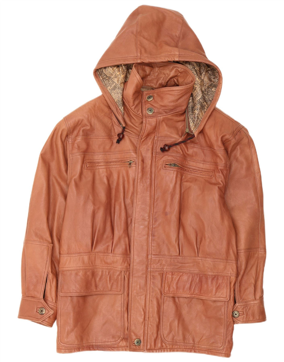 VINTAGE Mens Hooded Leather Coat IT 48 Medium Brown Leather