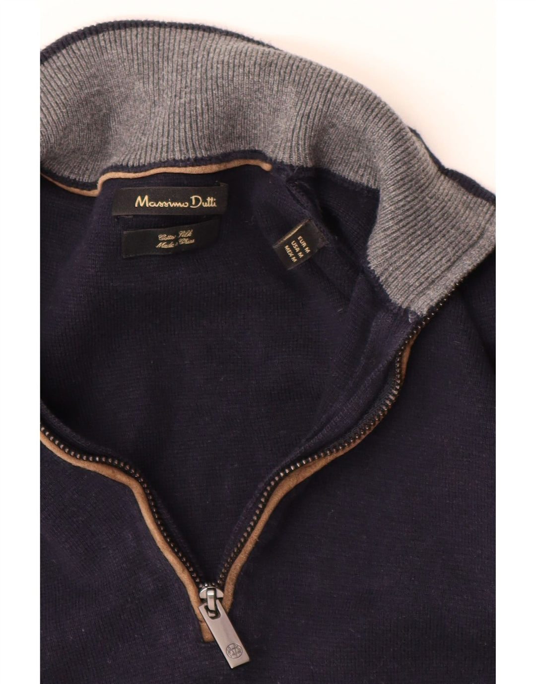 MASSIMO DUTTI Mens Zip Neck Jumper Sweater Medium Navy Blue Cotton