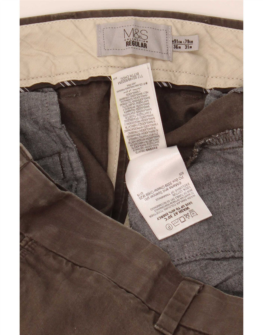 Marks & Spencer Mens Regular Chino Trousers W36 L31 Khaki Cotton