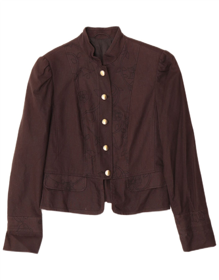 Vintage Womens 5 Button Blazer Jacket UK 10 Small Brown Floral Linen