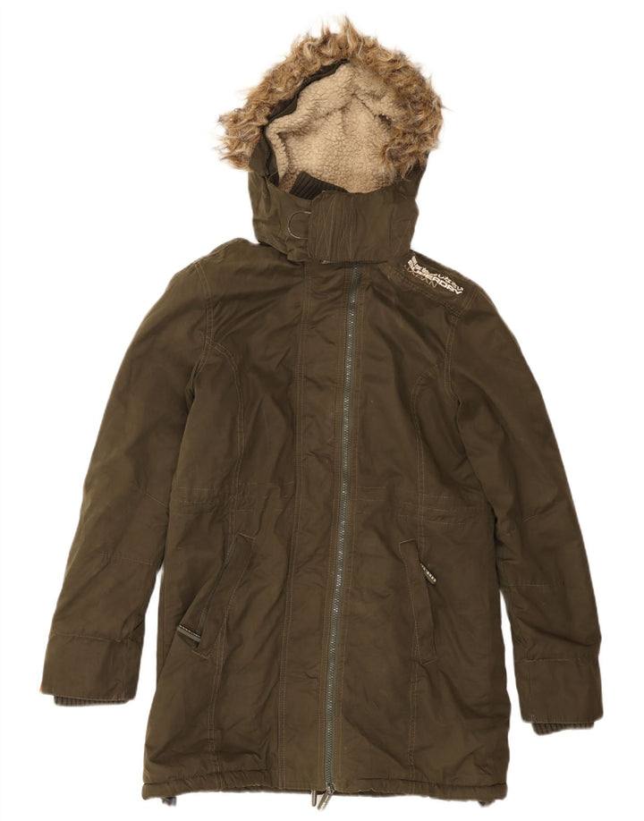SUPERDRY Womens Graphic Hooded Parka Jacket UK 12 Medium Khaki Cotton