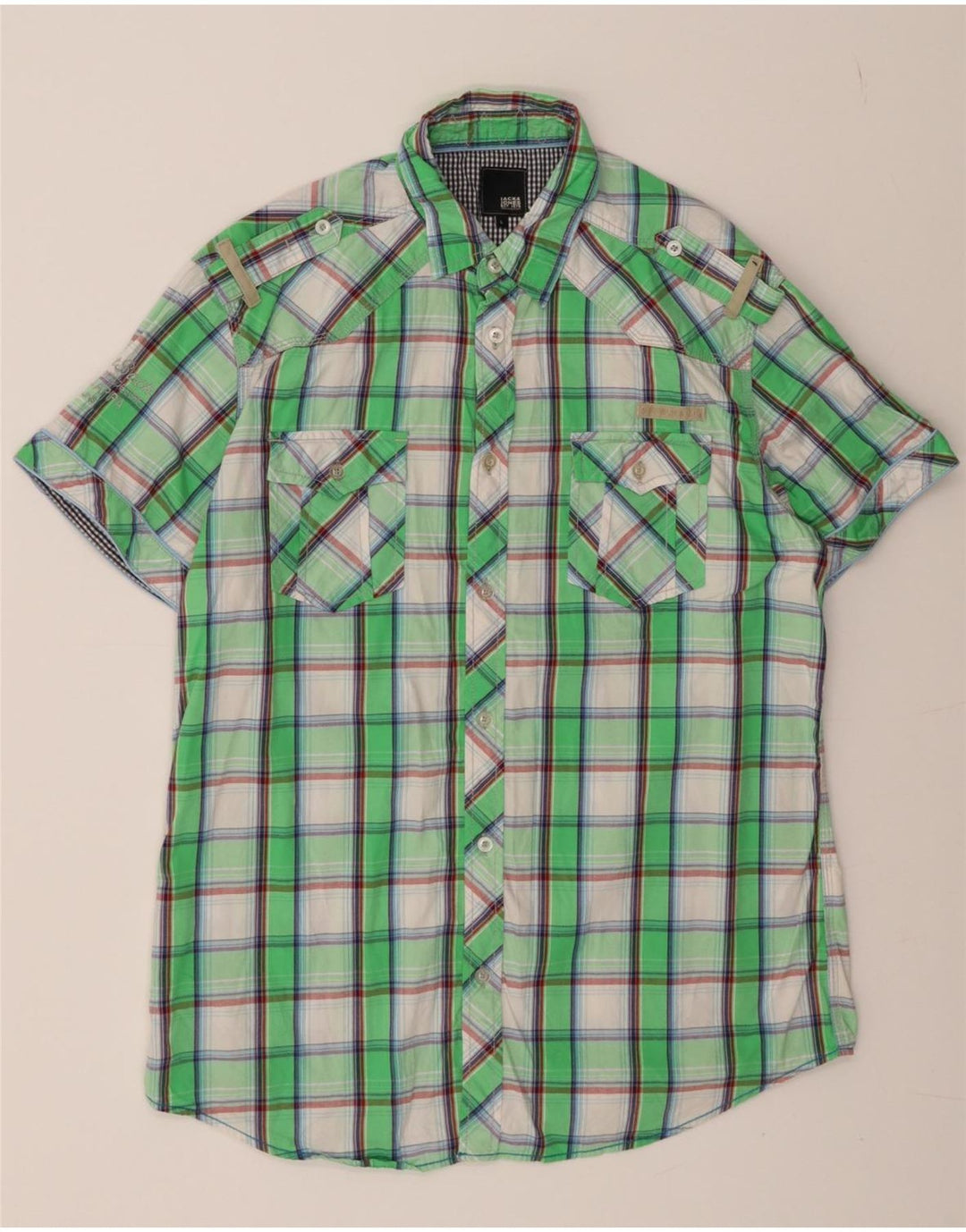 JACK & JONES Mens Short Sleeve Shirt Large Green Check Cotton Vintage Jack & Jones and Second-Hand Jack & Jones from Messina Hembry 