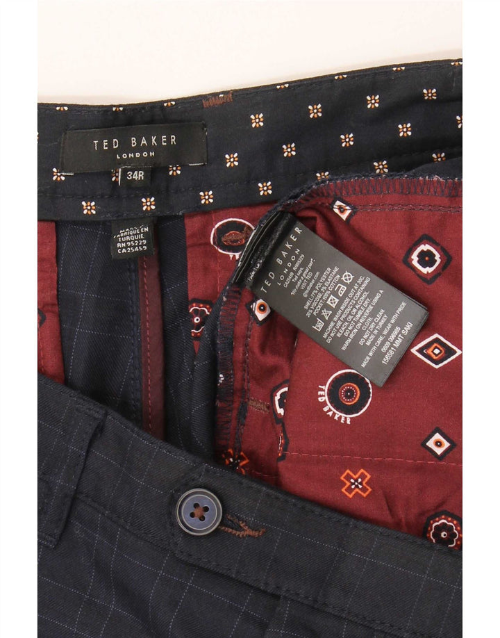 Ted Baker Mens Slim Suit Trousers W34 L31 Navy Blue Check Polyester