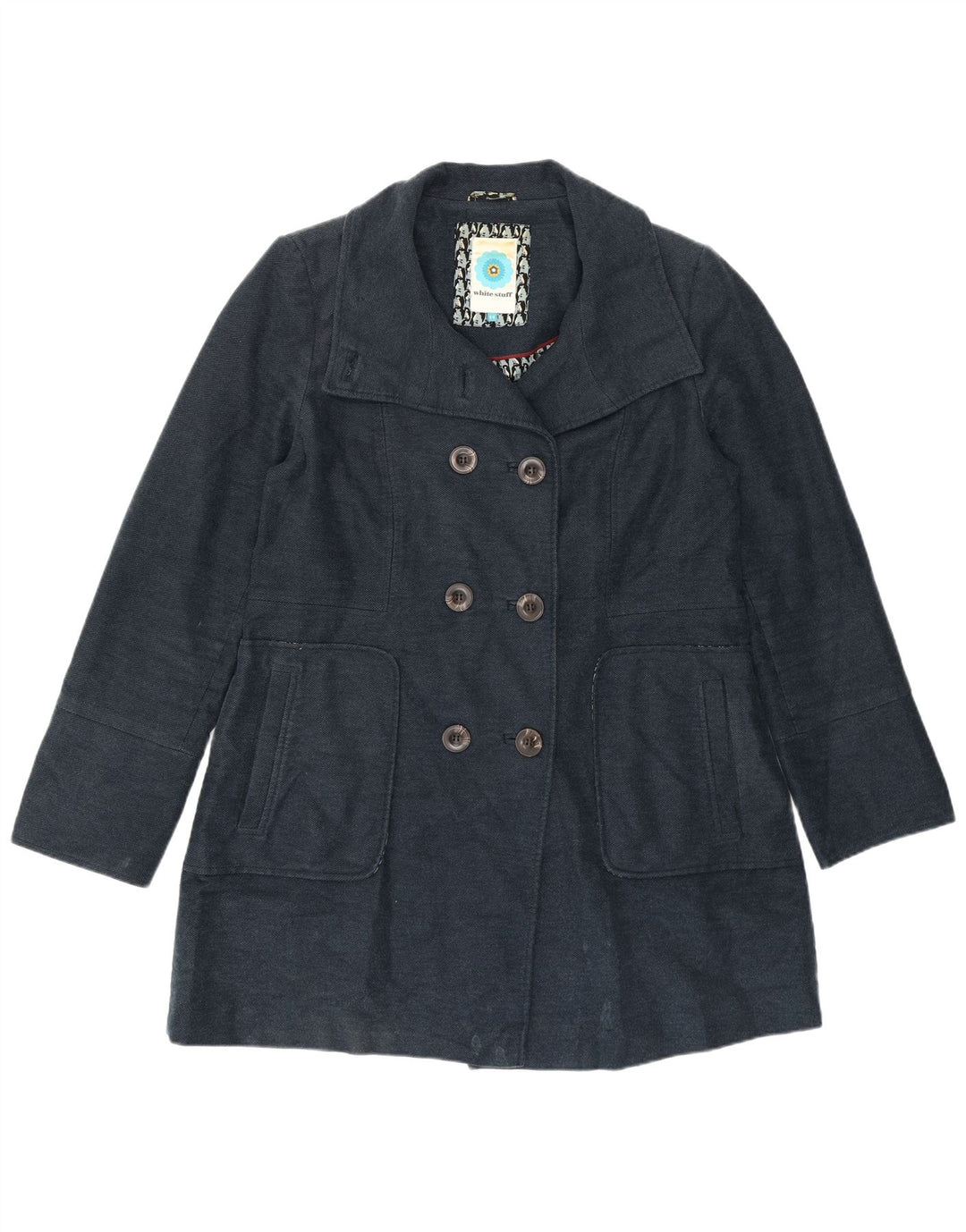 White Stuff Womens Double Breasted Coat UK 14 Medium Navy Blue Cotton